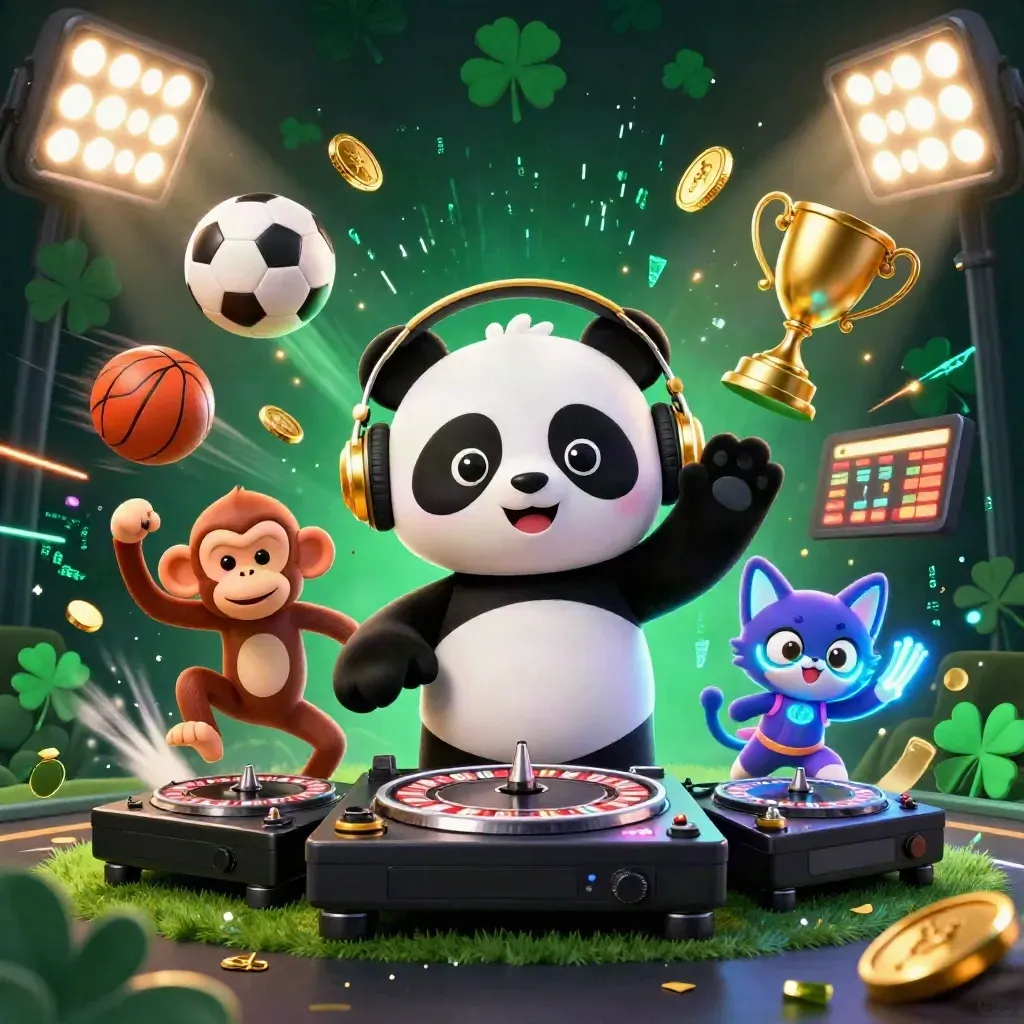 Low-angle neon casino key art with panda DJ, monkey dancer, kitten, flying balls, coins and beams.