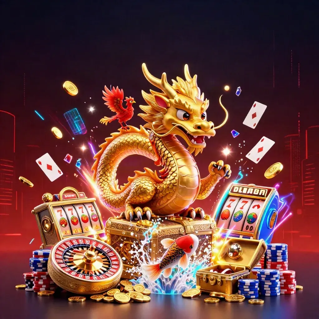 Golden dragon, phoenix, koi, and casino symbols burst in neon light over a dark skyline.