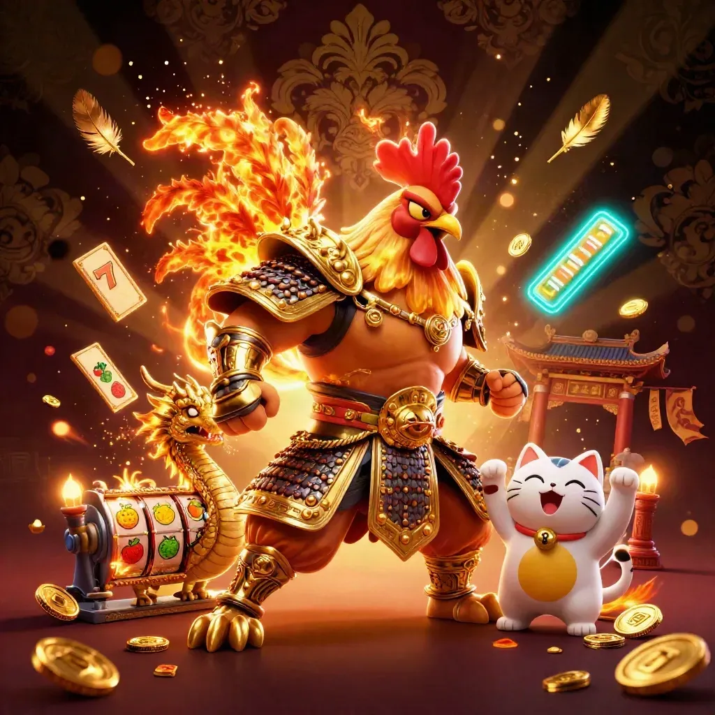 Rooster warrior, dragon hatchling and fortune cat in gold neon casino key art.