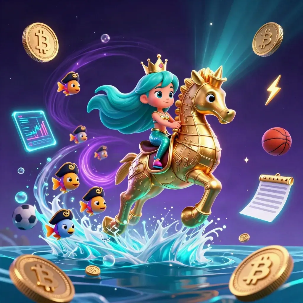 Mermaid princess on golden seahorse amid neon coins, fish, bubbles, and cosmic purple glow.