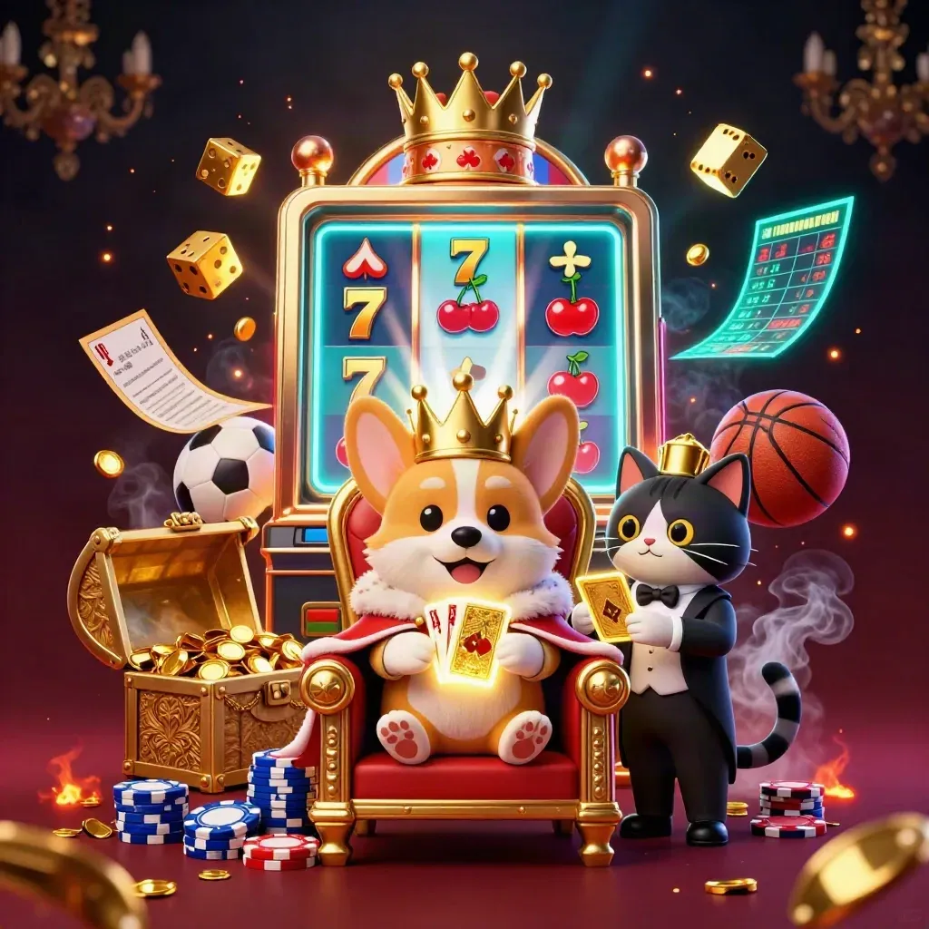 Royal corgi and cat butler amid slot bursts, gold chips, sports balls, and neon casino smoke.