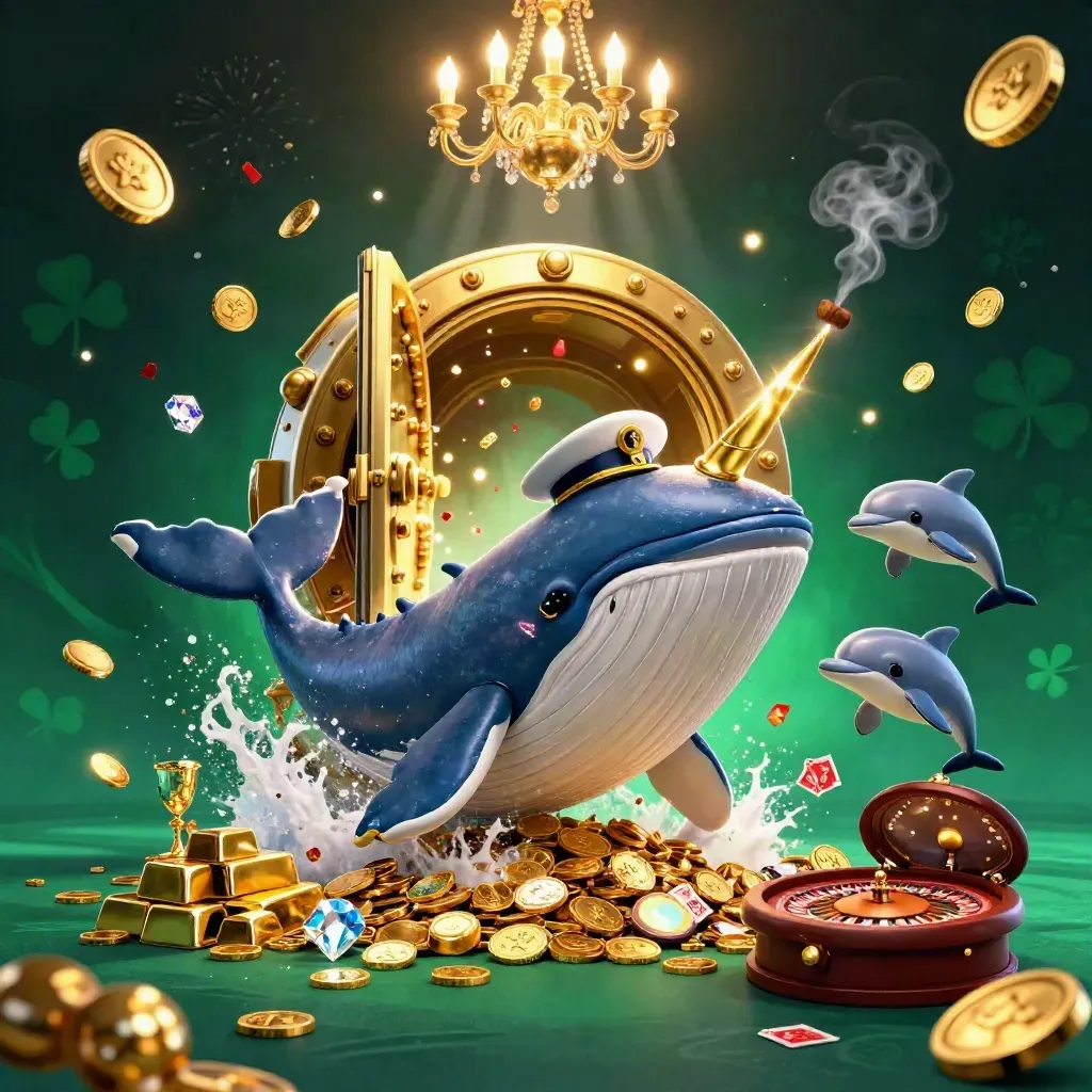 Whale captain, narwhal and dolphins burst through gold in a neon casino vault of gems and light.