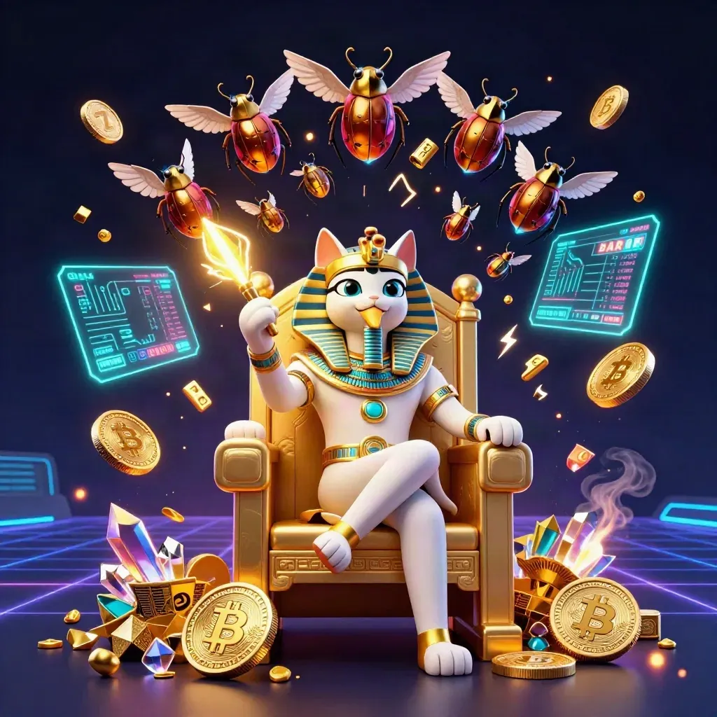 Pharaoh cat, ibis scribe and gem-wing scarabs amid glowing coins and neon treasure bursts
