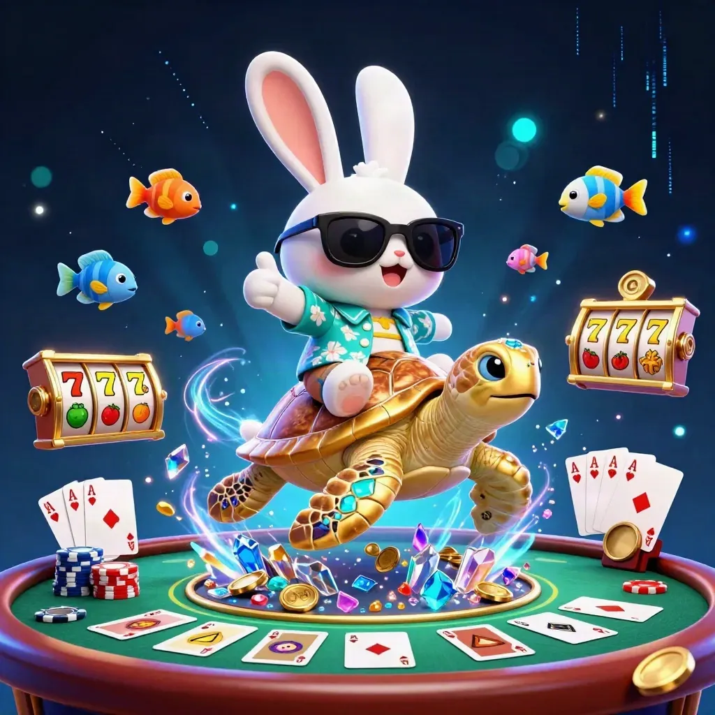 Lucky rabbit rides a golden sea turtle through a sparkling casino vault with chips, cards, reels and cyan magic.