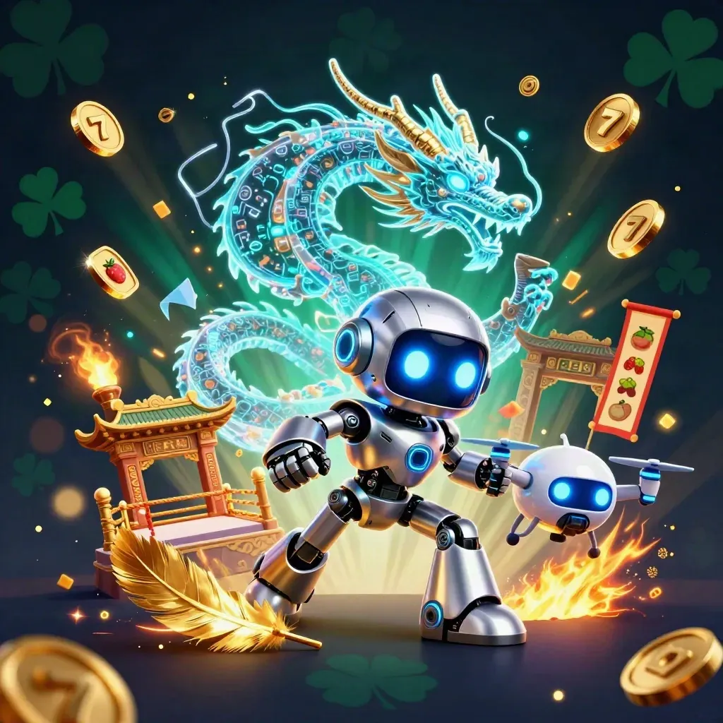 Cyberpunk robot, holographic dragon, and coin drone burst through a neon casino scene.