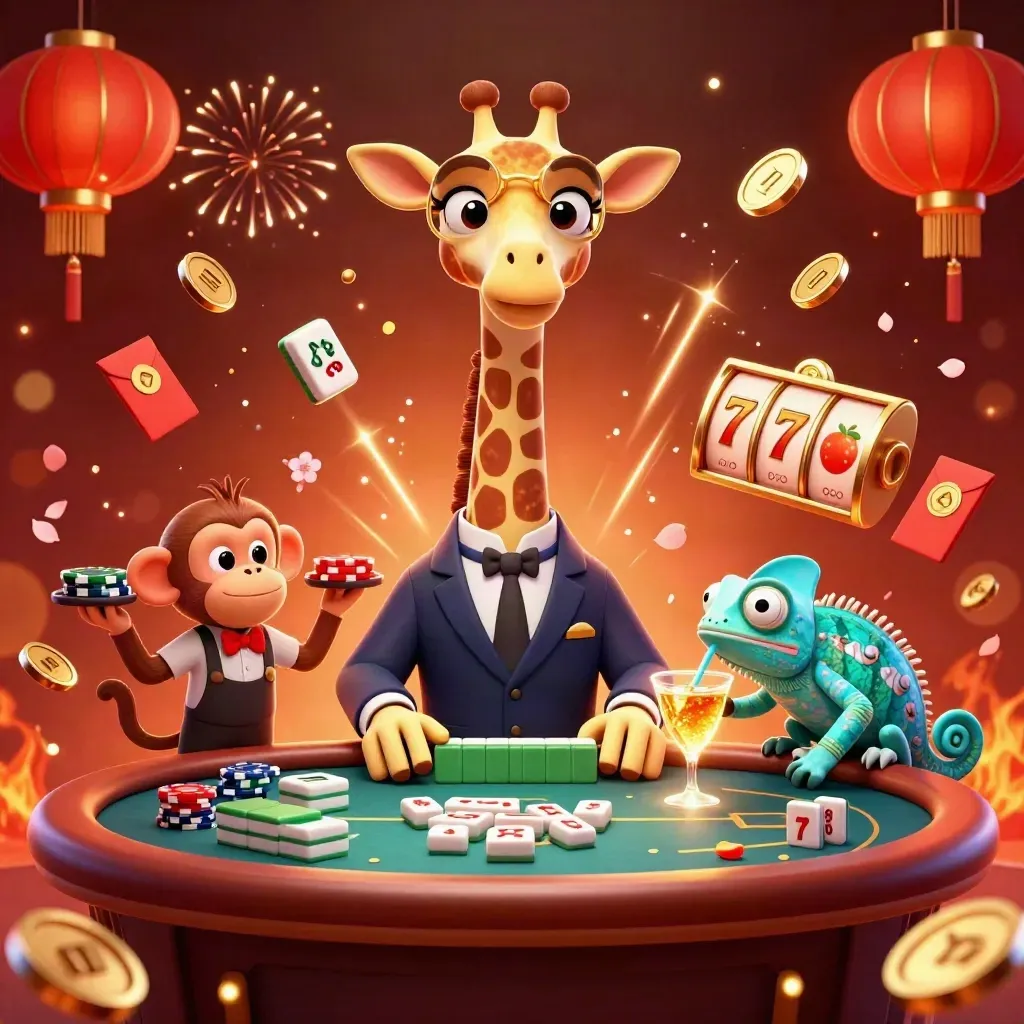 Giraffe, monkey, and chameleon at a glowing casino table amid coins, lanterns, fireworks, and jackpot effects.