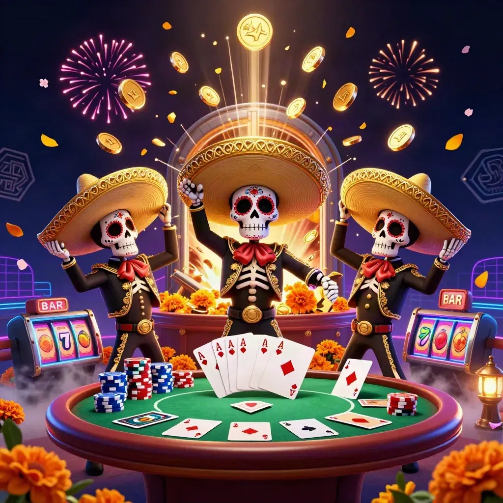 Skeleton mariachi trio amid coins, chips, slot reels, fireworks, and neon casino energy.