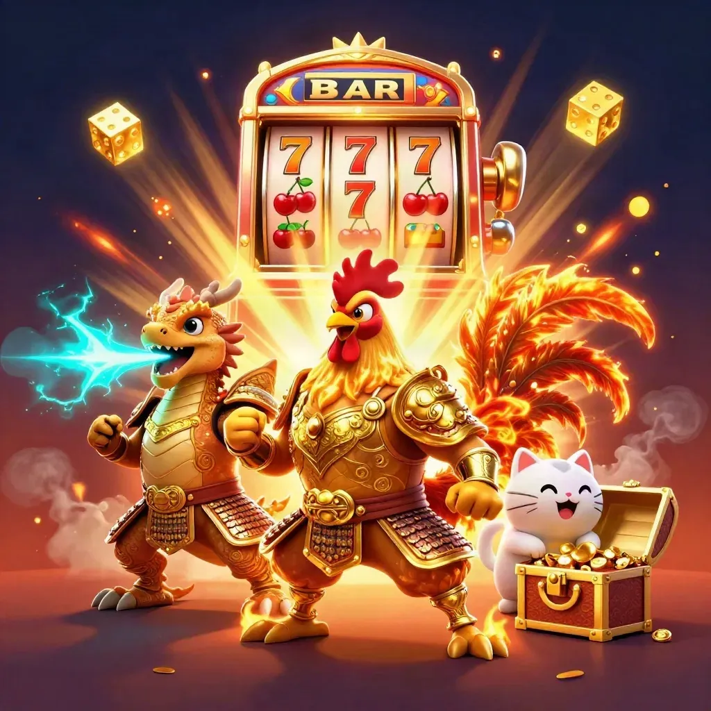 Rooster warrior, dragon hatchling, and fortune cat amid exploding slots and gold
